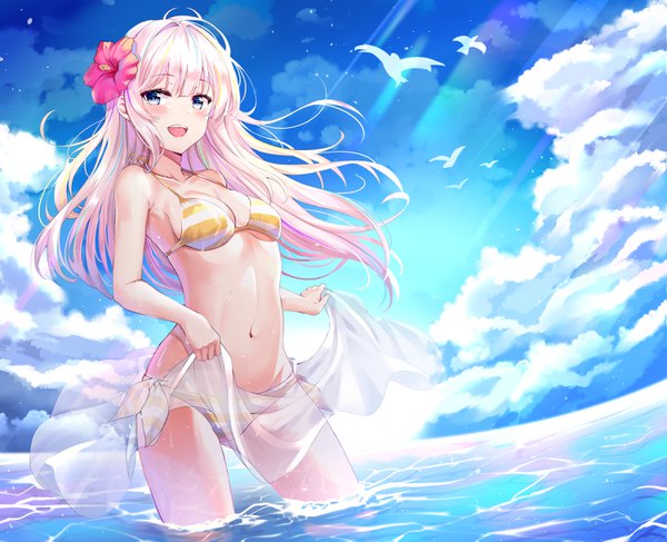 Anime picture 3000x2437 with original nyung single long hair looking at viewer blush fringe highres breasts open mouth blue eyes light erotic smile standing bare shoulders payot sky cleavage cloud (clouds) outdoors