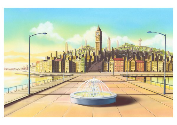 Anime picture 1637x1158 with original hariken sky cloud (clouds) city cityscape no people framed street plant (plants) tree (trees) water building (buildings) bridge lamppost fountain