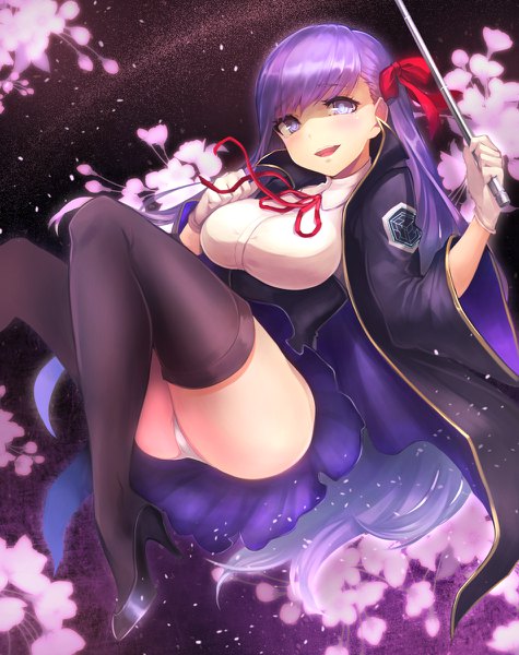 Anime picture 950x1200 with fate (series) fate/extra fate/extra ccc bb (fate) (all) bb (fate/extra) omoti (1201208) single long hair tall image looking at viewer blush fringe light erotic purple eyes holding purple hair bent knee (knees) wide sleeves high heels pantyshot