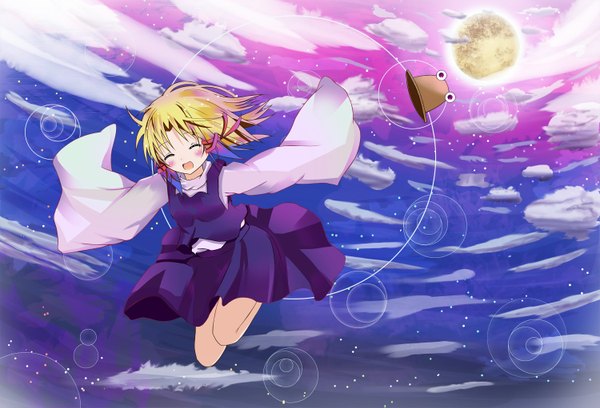 Anime picture 1500x1021 with touhou moriya suwako blush short hair blonde hair sky cloud (clouds) girl skirt ribbon (ribbons) hat moon star (stars) skirt set