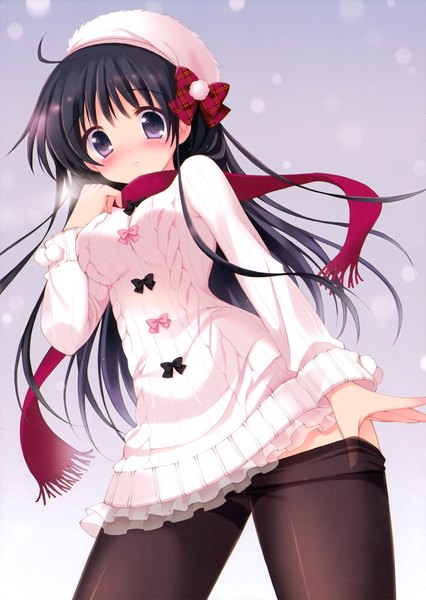 Anime picture 2132x3000 with original pan (mimi) single long hair tall image looking at viewer blush highres black hair purple eyes girl bow hair bow pantyhose black pantyhose scarf sweater beret
