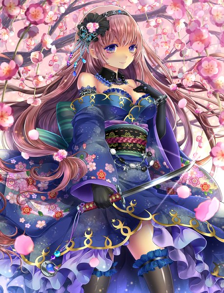 Anime picture 910x1190 with original deta kasugaya single long hair tall image looking at viewer blue eyes brown hair bare shoulders cherry blossoms girl thighhighs dress gloves hair ornament flower (flowers) black thighhighs plant (plants) tree (trees)