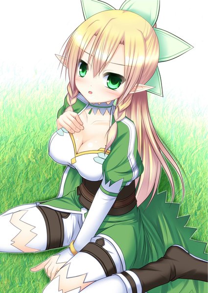 Anime picture 1435x2027 with sword art online a-1 pictures leafa single long hair tall image blush blonde hair green eyes braid (braids) pointy ears twin braids girl thighhighs dress white thighhighs