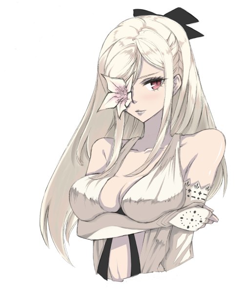 Anime picture 1000x1200 with drakengard drag-on dragoon 3 zero (drag-on dragoon) r n (kisaragiyurii) single long hair tall image fringe breasts light erotic red eyes large breasts white background looking away cleavage white hair hair over one eye arm support portrait flower over eye
