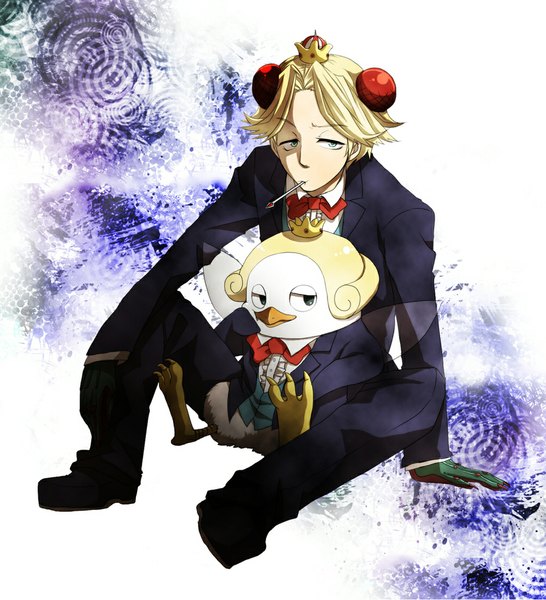 Anime picture 1024x1126 with yondemasu yo, azazel-san production i.g beelzebub (yondemasu yo, azazel-san) kou (1711381) tall image short hair simple background blonde hair sitting green eyes mouth hold dual persona boy wings bowtie crown tailcoat