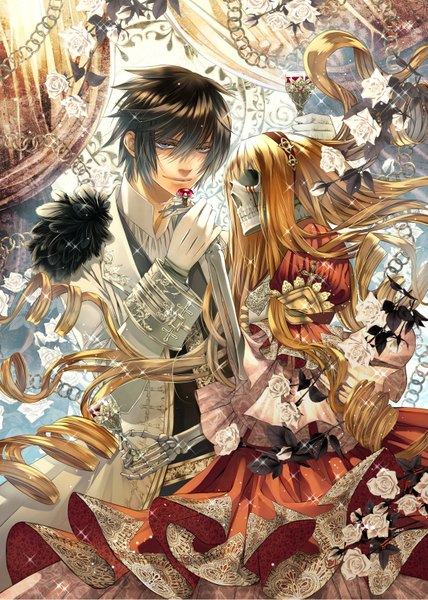 Anime picture 1181x1654 with shijuu hachi tall image blue eyes black hair blonde hair very long hair couple skeleton bone (bones) girl dress boy flower (flowers) rose (roses) blood ring skull