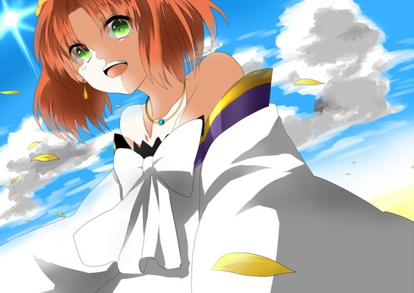 Anime picture 1517x1074 with fractale nessa short hair open mouth brown hair bare shoulders green eyes cloud (clouds) girl earrings petals