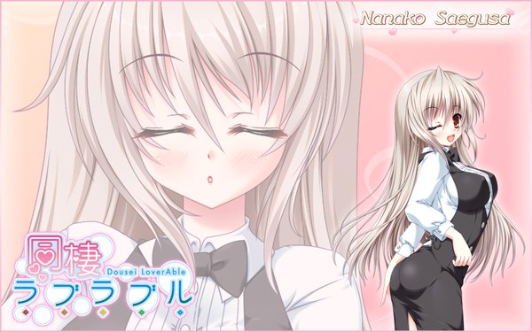 Anime picture 1920x1200 with loverable saegusa nanako hinata momo single long hair blush highres open mouth light erotic red eyes wide image standing silver hair eyes closed one eye closed wink text waitress girl