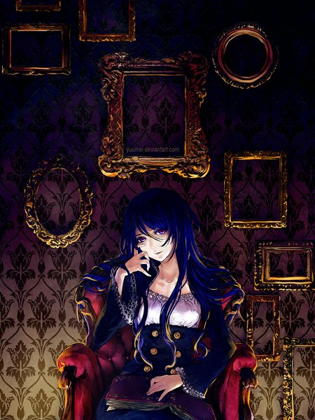 Anime picture 800x1067 with yuumei single long hair tall image looking at viewer fringe purple eyes blue hair empty picture frame girl dress book (books) buttons armchair picture frame