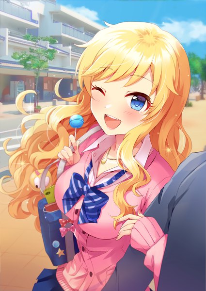 Anime picture 2507x3541 with idolmaster idolmaster cinderella girls idolmaster cinderella girls starlight stage sunrise (studio) ootsuki yui sakura ran long hair tall image looking at viewer blush fringe highres breasts open mouth blue eyes blonde hair smile large breasts standing sky