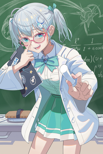 Anime picture 4000x6000 with virtual youtuber indie virtual youtuber usui clear ranari single tall image looking at viewer fringe highres short hair open mouth blue eyes hair between eyes twintails absurdres silver hair ahoge :d pleated skirt short twintails
