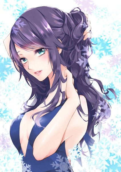 Anime picture 1000x1414 with original sekkisei setsuko nemuri (1ma023k7) single long hair tall image looking at viewer blush breasts open mouth blue eyes smile large breasts bare shoulders cleavage purple hair ponytail lips teeth