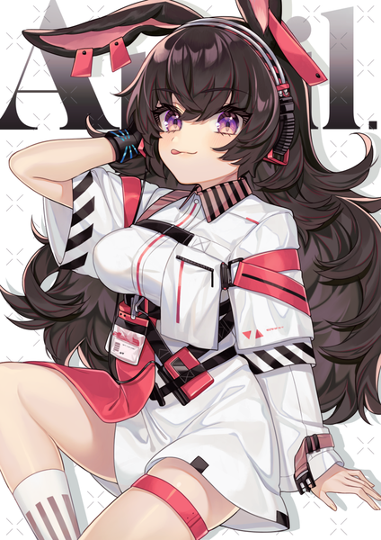 Anime picture 820x1160 with arknights april (arknights) karokuchitose single long hair tall image looking at viewer fringe hair between eyes brown hair sitting purple eyes animal ears arm support bunny ears character names girl tongue thigh strap infection monitor (arknights)