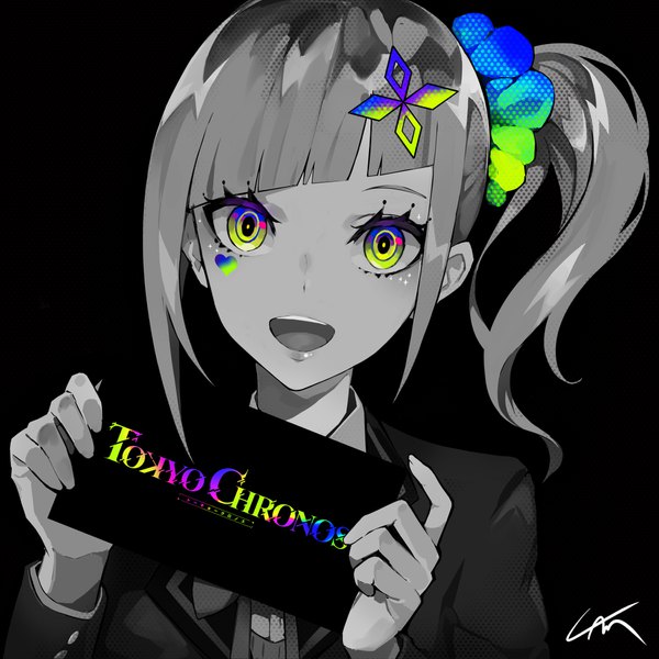 Anime picture 1800x1800 with tokyo chronos momono yuu lam (ramdayo) single long hair looking at viewer fringe highres open mouth simple background signed payot :d copyright name side ponytail black background multicolored eyes polychromatic girl uniform