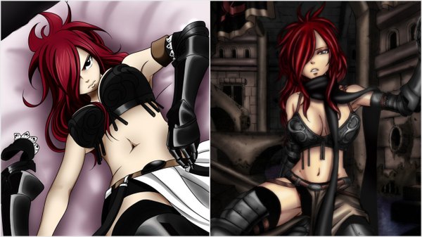 Anime picture 5120x2880 with fairy tail erza knightwalker long hair fringe highres wide image brown eyes absurdres red hair hair over one eye midriff multiview framed girl navel armor