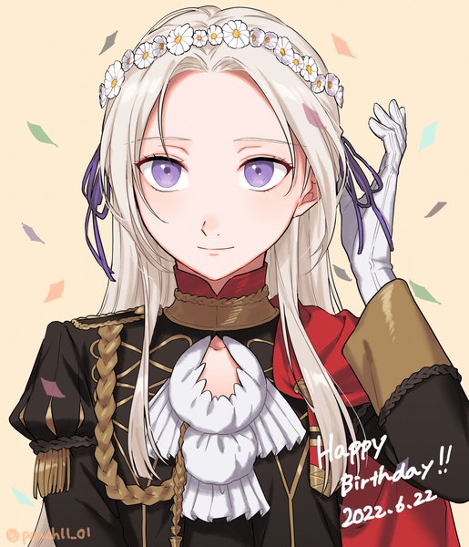 Anime picture 1872x2182 with fire emblem fire emblem: three houses nintendo edelgard von hresvelg peach11 01 single long hair tall image highres purple eyes signed looking away upper body white hair light smile twitter username dated happy birthday girl gloves