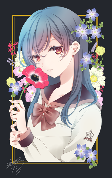 Anime picture 1500x2377 with original sheepd single long hair tall image looking at viewer holding brown eyes signed blue hair upper body framed girl uniform flower (flowers) serafuku anemone (flower)
