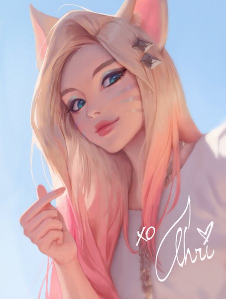 Anime picture 1993x2634 with league of legends k/da (league of legends) ahri (league of legends) the baddest ahri charles (106858) single long hair tall image looking at viewer fringe highres blue eyes simple background blonde hair smile animal ears upper body fingernails lips realistic