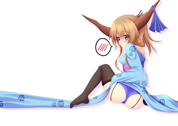 Anime picture 2098x1500 with touhou ibuki suika yoye (pastel white) long hair blush highres light erotic simple background brown hair white background purple eyes ass japanese clothes horn (horns) girl thighhighs underwear panties black thighhighs kimono