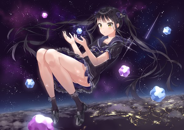 Anime picture 4093x2894 with original shiono (0303) single long hair blush fringe highres open mouth light erotic black hair twintails yellow eyes payot looking away absurdres cloud (clouds) full body bent knee (knees) short sleeves floating hair