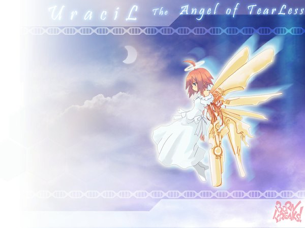 Anime picture 1152x864 with green eyes cloud (clouds) ahoge red hair flying angel dress socks gun cyborg