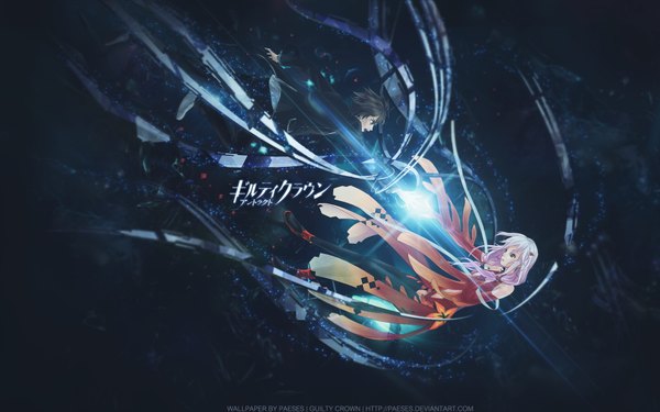 Anime picture 1920x1200 with guilty crown production i.g yuzuriha inori ouma shu long hair highres short hair open mouth black hair red eyes wide image pink hair couple girl thighhighs boy hair ornament black thighhighs detached sleeves hairclip