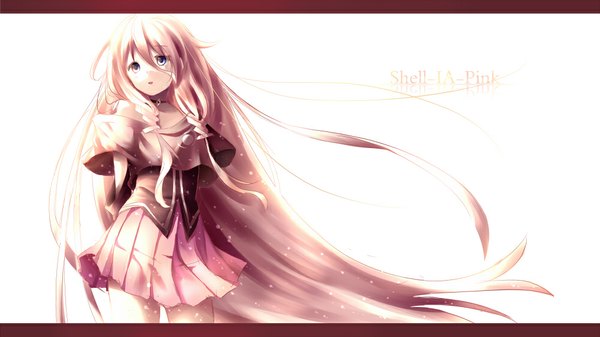 Anime picture 1000x562 with vocaloid ia (vocaloid) pumila single long hair open mouth blue eyes wide image standing bare shoulders looking away white hair braid (braids) pleated skirt wind sunlight twin braids hands behind back girl skirt