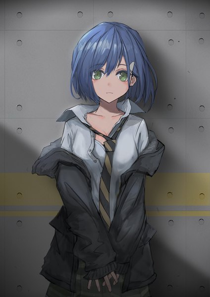 Anime picture 3275x4633 with darling in the franxx studio trigger ichigo (darling in the franxx) aegisfate single tall image looking at viewer fringe highres short hair breasts light erotic hair between eyes green eyes blue hair absurdres upper body off shoulder partially open clothes against wall