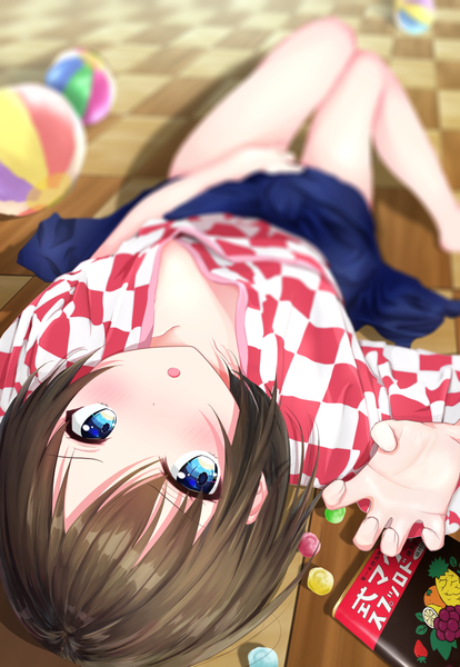 Anime picture 1000x1449 with original mito ichijyo single tall image looking at viewer fringe short hair breasts open mouth blue eyes light erotic hair between eyes brown hair indoors lying blurry :o on back checkered floor floor