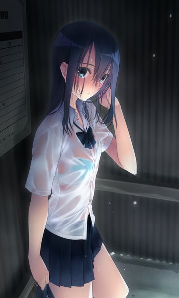 Anime picture 900x1500 with original murakami suigun single long hair tall image looking at viewer blush blue eyes light erotic black hair standing pleated skirt wet embarrassed adjusting hair wet clothes open collar wet shirt girl skirt