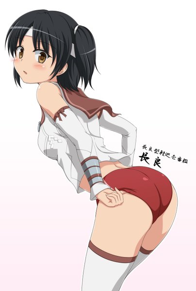 Anime picture 1079x1600 with kantai collection nagara light cruiser shira-nyoro single tall image blush short hair open mouth light erotic black hair simple background white background brown eyes ass girl thighhighs detached sleeves white thighhighs sailor suit