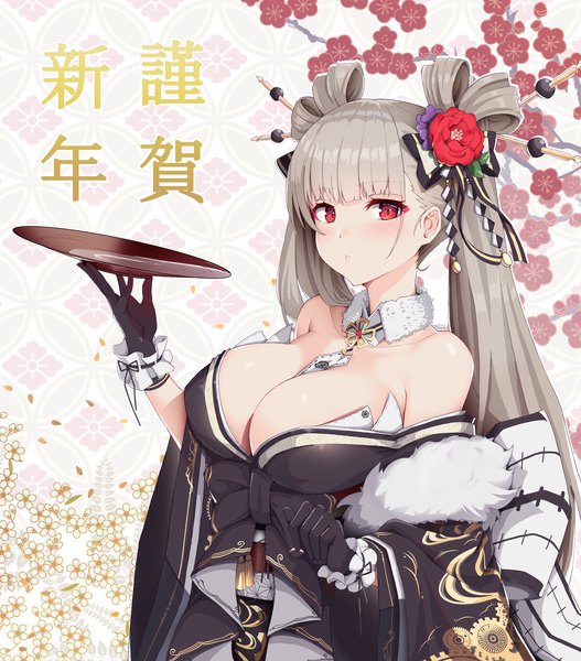 Anime picture 5079x5788 with azur lane formidable (azur lane) solar (happymonk) single long hair tall image looking at viewer blush fringe highres breasts light erotic simple background red eyes large breasts standing twintails bare shoulders absurdres blunt bangs