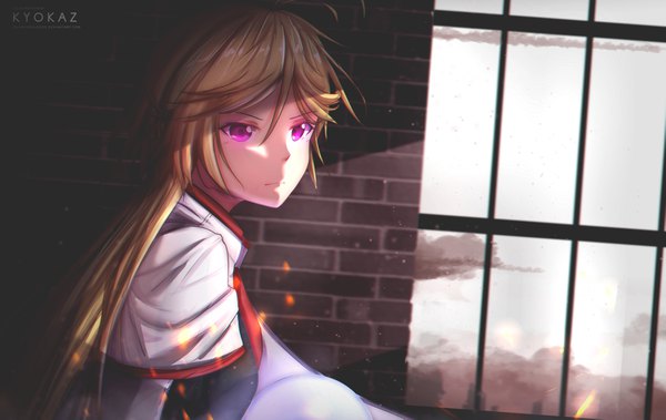 Anime picture 4086x2582 with trinity seven yamana mira faiz azhar single long hair fringe highres blonde hair hair between eyes purple eyes signed looking away absurdres upper body shadow shaded face brick wall girl window ball