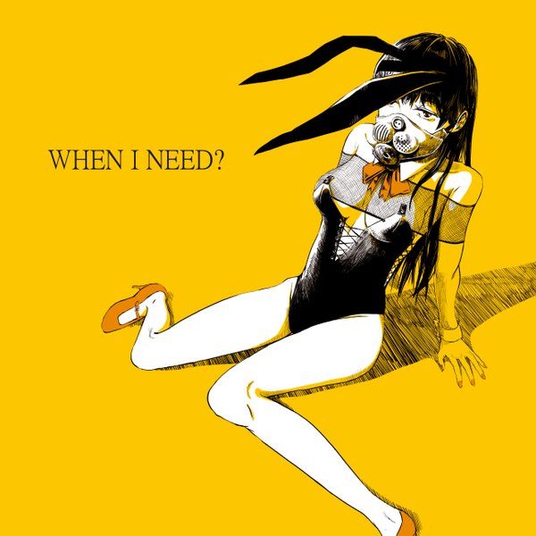 Anime-Bild 2591x2591 mit original otimusyairoha (yellowhlnch) single long hair highres breasts light erotic black hair sitting bare shoulders brown eyes animal ears inscription shadow high heels bunny ears legs text bunny girl lacing