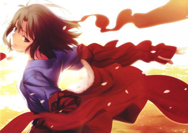 Anime picture 9666x6851 with kara no kyoukai type-moon ryougi shiki takeuchi takashi single looking at viewer highres short hair smile brown hair standing brown eyes absurdres looking back sunlight scan open clothes open jacket official art spread arms