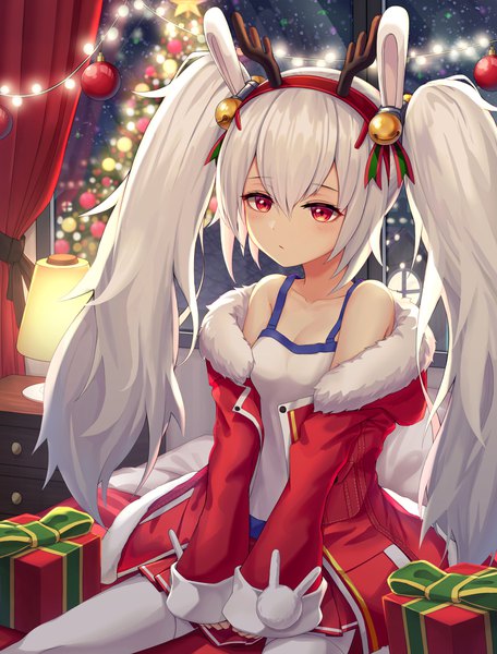 Anime picture 1500x1972 with azur lane laffey (azur lane) myung yi single long hair tall image blush fringe hair between eyes red eyes sitting twintails bare shoulders animal ears payot looking away cleavage silver hair indoors long sleeves