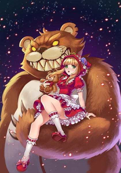 Anime picture 700x1000 with league of legends annie (league of legends) tibbers (league of legends) guozi li single long hair tall image looking at viewer fringe open mouth blonde hair green eyes yellow eyes bent knee (knees) teeth sharp teeth girl dress hood toy