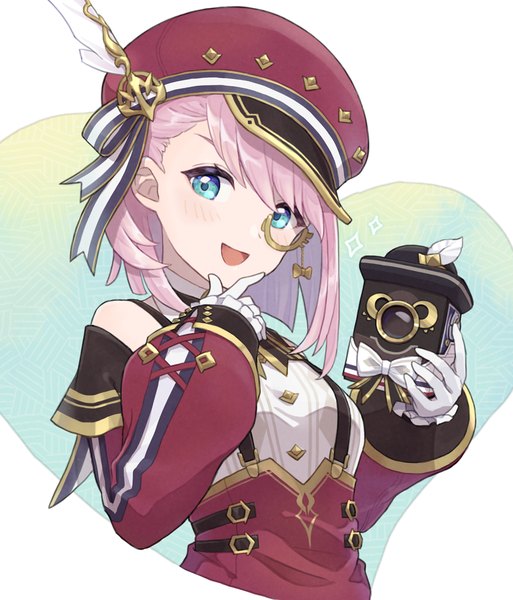Anime picture 979x1144 with genshin impact charlotte (genshin impact) kura xx meme single tall image looking at viewer short hair open mouth blue eyes pink hair upper body :d girl gloves hat white gloves camera cabbie hat monocle