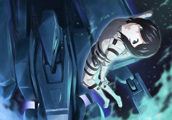 Anime picture 1500x1055 with sidonia no kishi shinatose izana morito (sidonia no kishi) denizen tomo single looking at viewer fringe short hair blue eyes black hair from above hair over one eye dark background spread arms space weightlessness science fiction girl pilot suit mecha