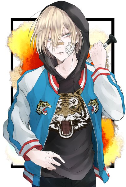 Anime picture 1200x1770 with yuri!!! on ice mappa yuri plisetsky k siradano single tall image fringe short hair blue eyes blonde hair hair between eyes white background holding looking away upper body parted lips open jacket border animal print blood on face