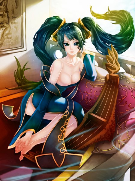Anime picture 750x1000 with league of legends sona buvelle waterring single long hair tall image looking at viewer blush light erotic twintails bare shoulders green eyes multicolored hair two-tone hair girl detached sleeves harp