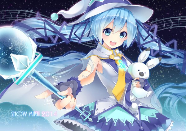 Anime picture 1300x920 with vocaloid suki! yuki! maji magic (vocaloid) hatsune miku yuki miku yuki miku (2014) noda shuha single looking at viewer blush open mouth blue eyes twintails blue hair very long hair witch girl dress gloves ribbon (ribbons) hair ribbon