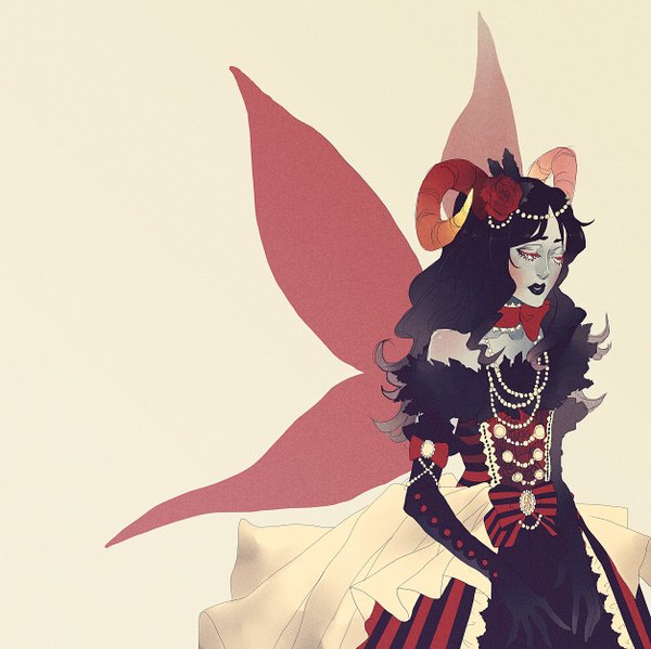Anime picture 1254x1253 with homestuck aradia megido mookie000 single long hair black hair simple background bare shoulders hair flower horn (horns) wavy hair striped pale skin demon insect wings butterfly wings girl dress gloves hair ornament