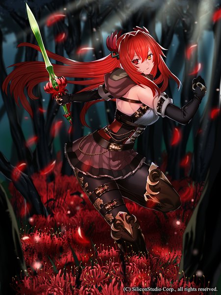 Anime picture 800x1067 with gyakushuu no fantasica katagiri hachigou single long hair tall image looking at viewer red hair heterochromia girl dress gloves flower (flowers) weapon plant (plants) petals sword tree (trees) elbow gloves higanbana