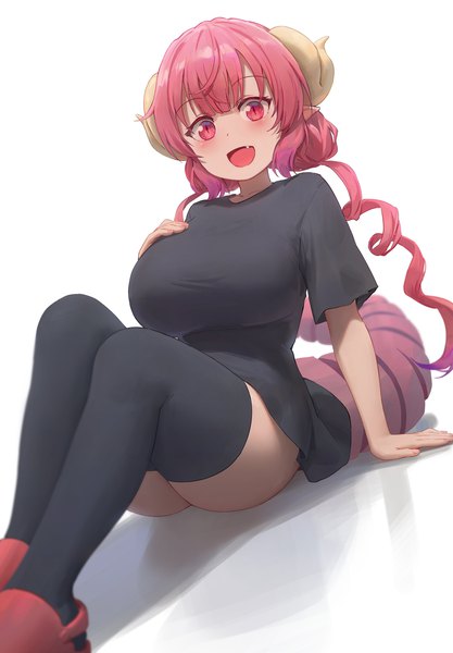 Anime picture 2500x3597 with kobayashi-san chi no maidragon kyoto animation ilulu (maidragon) free style (yohan1754) single long hair tall image looking at viewer blush fringe highres breasts open mouth light erotic simple background smile large breasts twintails pink hair bent knee (knees)
