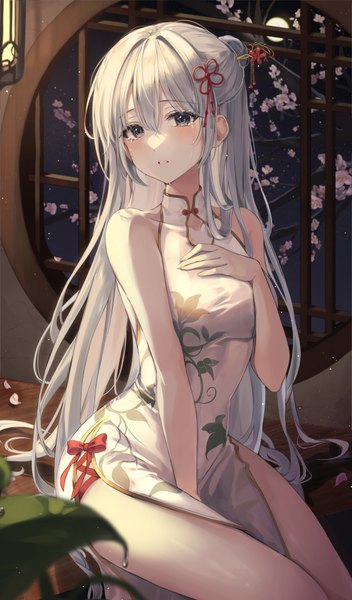 Anime picture 1479x2520 with original ekina (1217) single long hair tall image looking at viewer blush fringe hair between eyes sitting bare shoulders payot silver hair indoors traditional clothes parted lips night grey eyes hair bun (hair buns) sleeveless