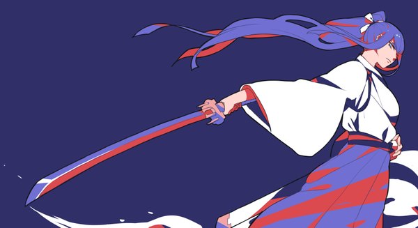 Anime picture 1884x1029 with kill la kill studio trigger kiryuuin satsuki allenkung1 single long hair looking at viewer highres blue eyes wide image standing blue hair ponytail traditional clothes japanese clothes profile from below looking down blue background smoke