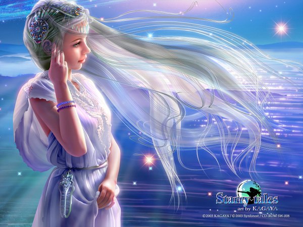 Anime picture 1600x1200 with kagaya single long hair silver hair wind realistic night night sky 3d girl hair ornament water bracelet star (stars)