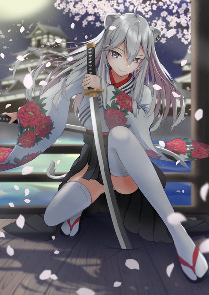 Anime picture 2894x4093 with virtual youtuber hololive shishiro botan mira bluesky3 single long hair tall image looking at viewer blush fringe highres light erotic smile hair between eyes holding animal ears silver hair full body ahoge bent knee (knees)