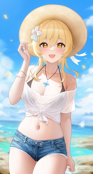 Anime picture 2480x4621 with genshin impact lumine (genshin impact) fukuro ko (greentea) single tall image looking at viewer blush fringe highres short hair breasts open mouth blonde hair smile hair between eyes large breasts holding signed yellow eyes sky